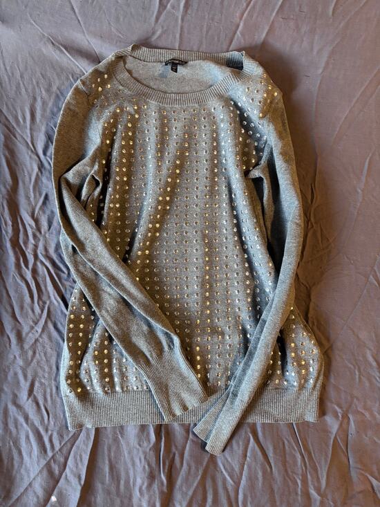 Express Sweaters - Express Sweater Womens S Gray Studded Embellished Crew Neck Long Sleeve Knit Top